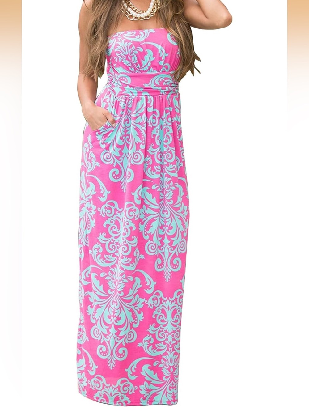Strapless Pink & Aqua Damask Maxi Dress